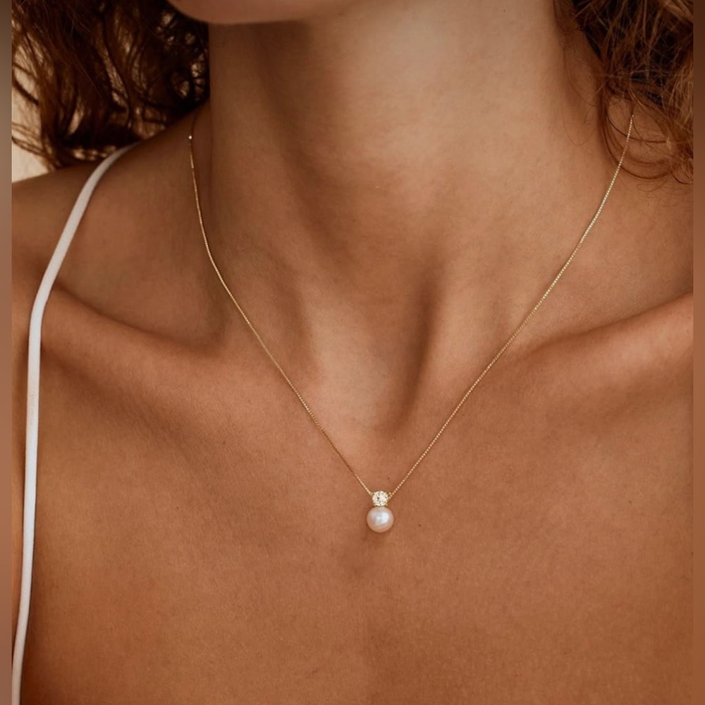 NWT Dainty Gold Necklace 14K Gold Plated Charm CZ Pearl Pendant